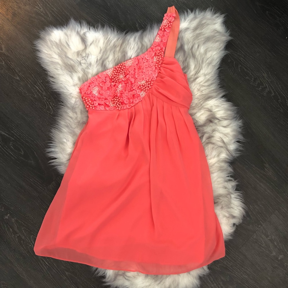 Coral One-Shoulder Beaded Chiffon Dress